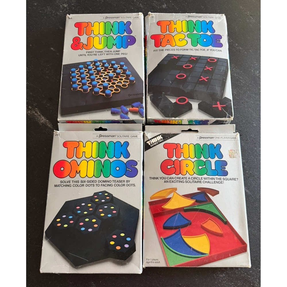 Vtg 1980s Pressman THINK Puzzle Lot (4) Ominos, Circle,‎ Tac Toe & Think & Jump